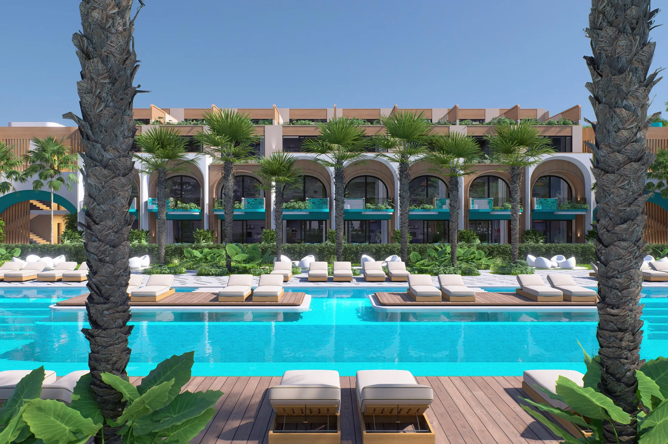 Almare Curio Collection by Hilton Suites arched suite facades beside the pool