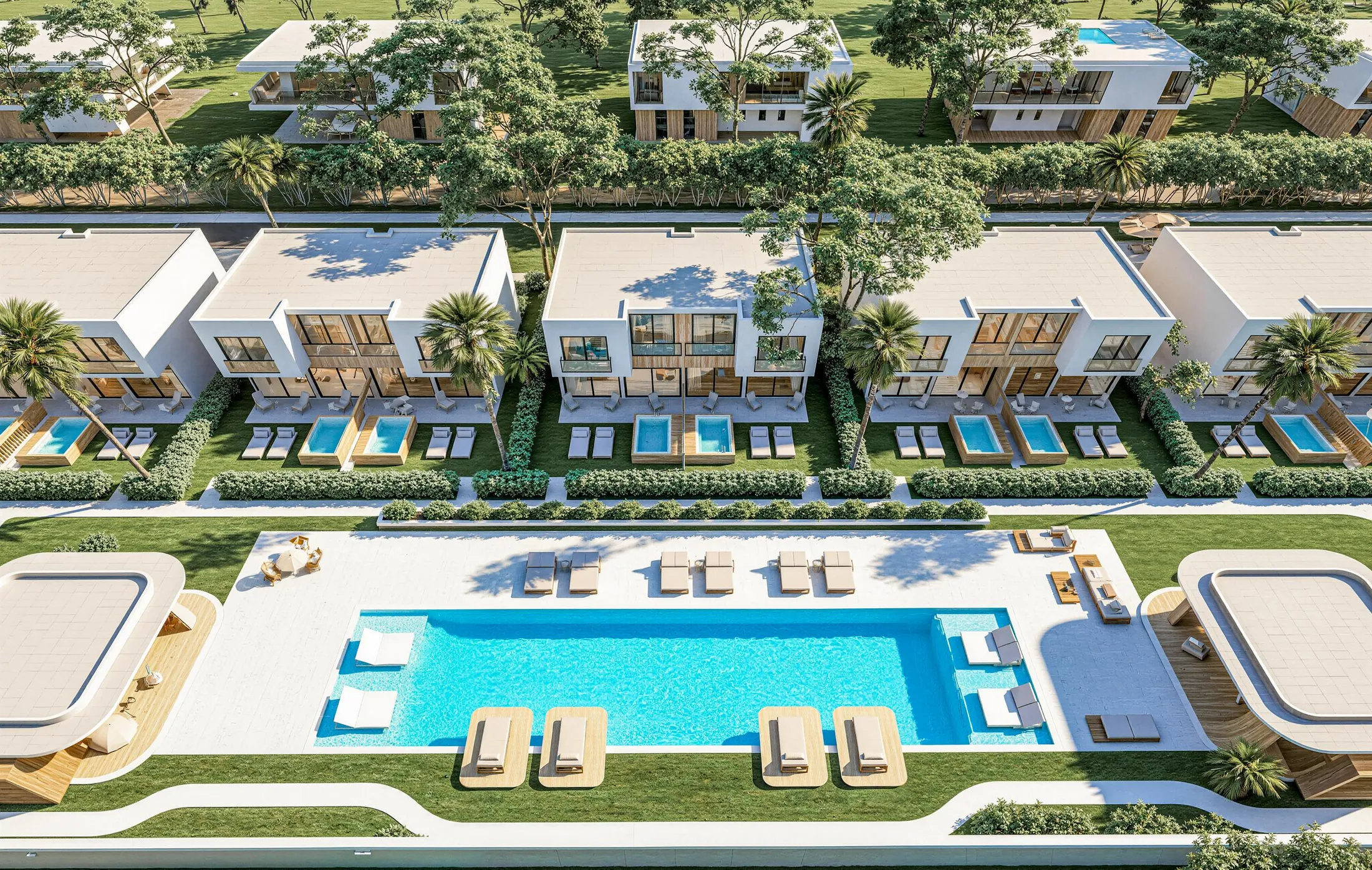 Almare Curio Collection by Hilton Townhouses aerial townhouses and shared pool arrangement