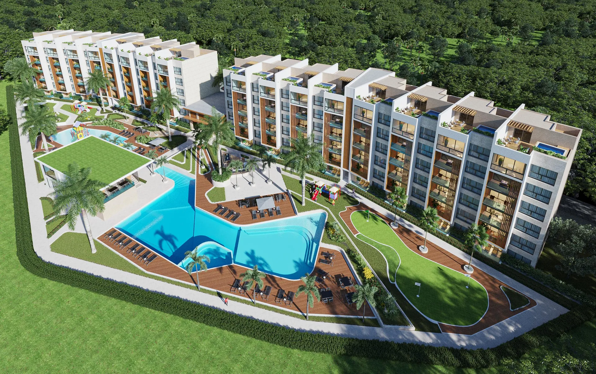 Vista Golf, Cap Cana. Artist’s concept from the published Vista Golf project materials. Project context is illustrative; the pictured buildings, views, access and amenities are not confirmed inclusions with every purchase.
